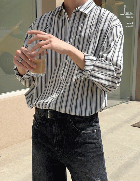オーバーフィットウォーターストライプシャツ<br><font style=font-size:11px;color:#595959>M～L(95～110)<*font><br></font>