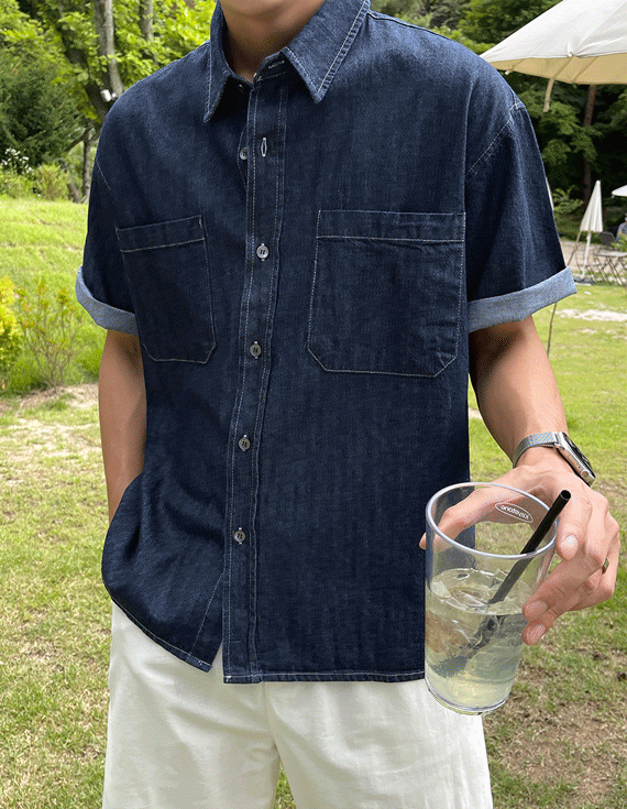 ソリットツーポケットデニム半袖シャツ<br><font style=font-size:11px;color:#595959>M～L(95～105)<*font><br></font>