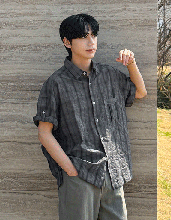over fit roll up check 半袖シャツ 30198