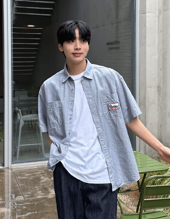 stripe label patch 半袖シャツ 30243