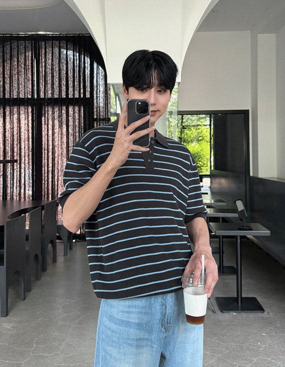 3-button stripe collar 半袖ニット 30300