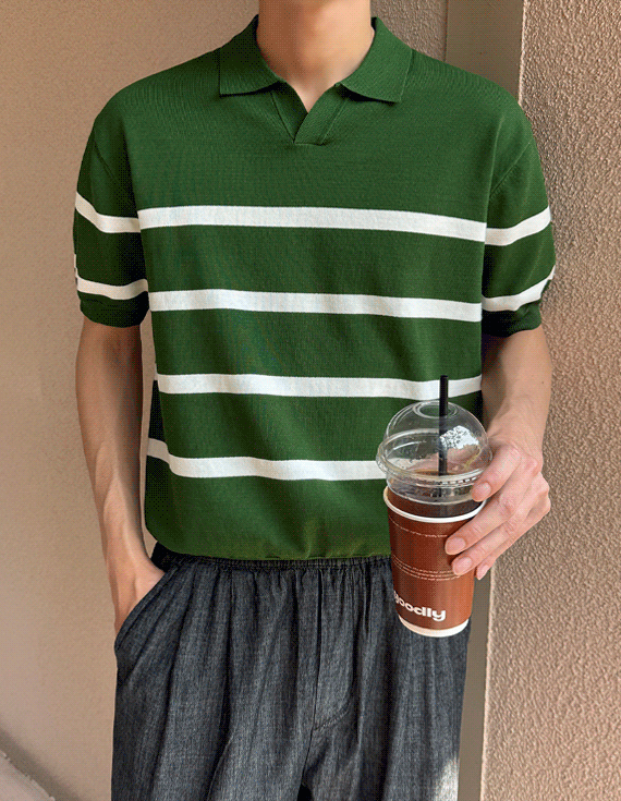 stripe & basic open collar 半袖ニット 30325