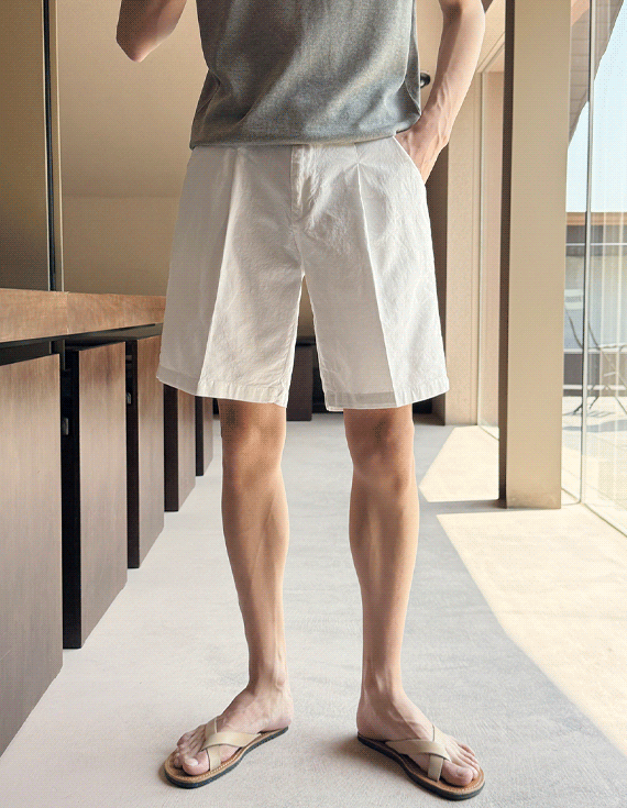 linen one-tuck span 隠しバンディング ハーフパン 30328