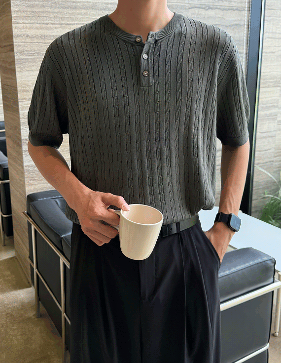ice cable henley neck 半袖 ニット 30411