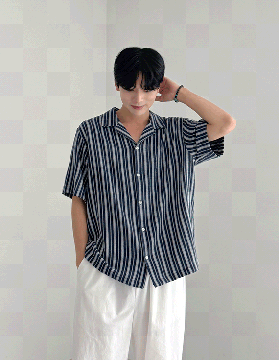 panama stripe open collar 半袖シャツ 30440