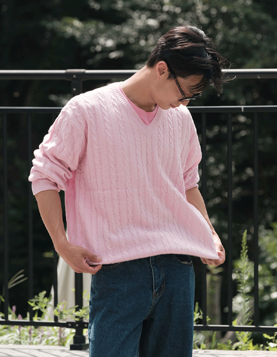 natural cable Vneck ニット 30584
