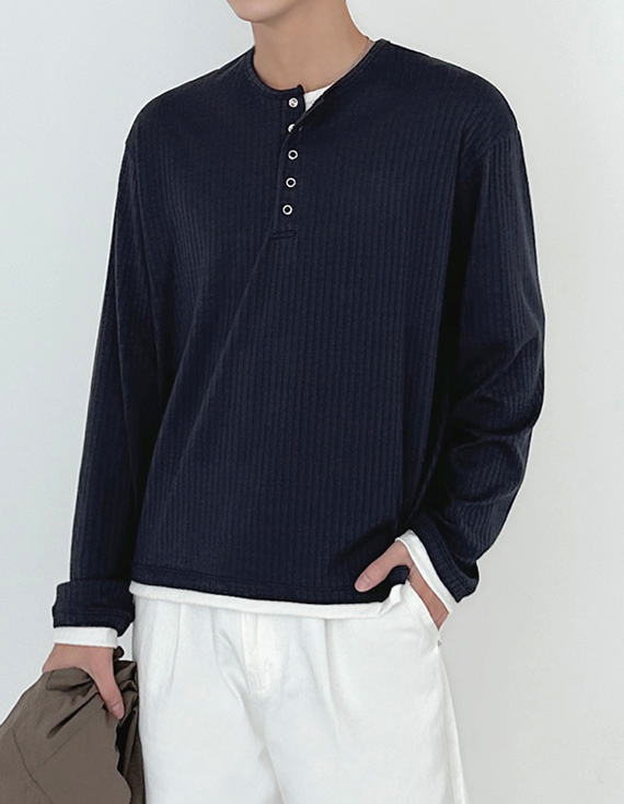 rib sleeve henley neck Tシャツ 31119
