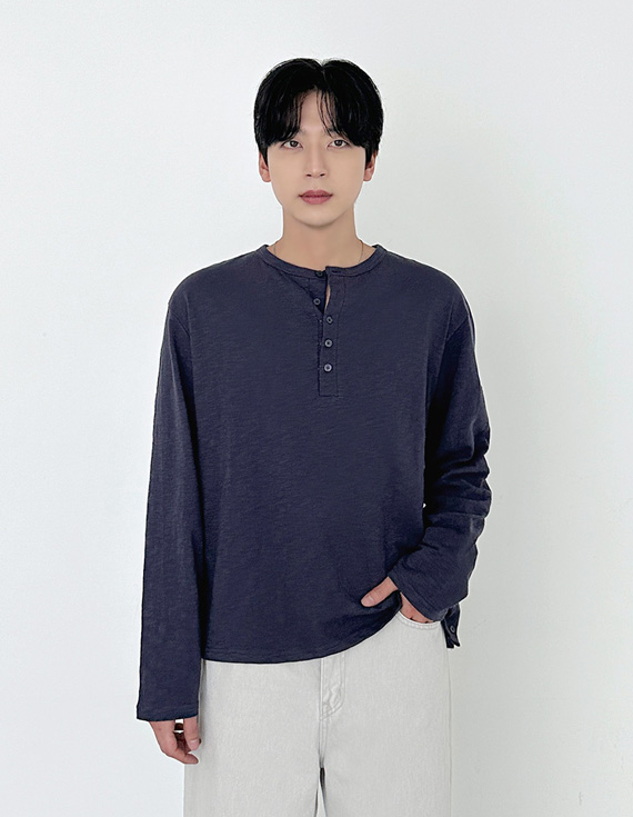 slub linen texture henley Tシャツ 31143