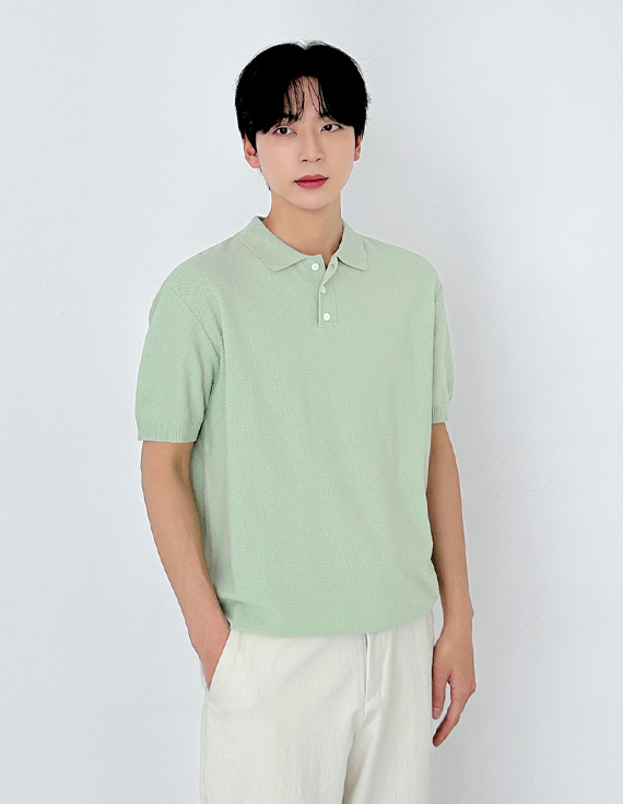 waffle collar summer fit 半袖ニット 31207