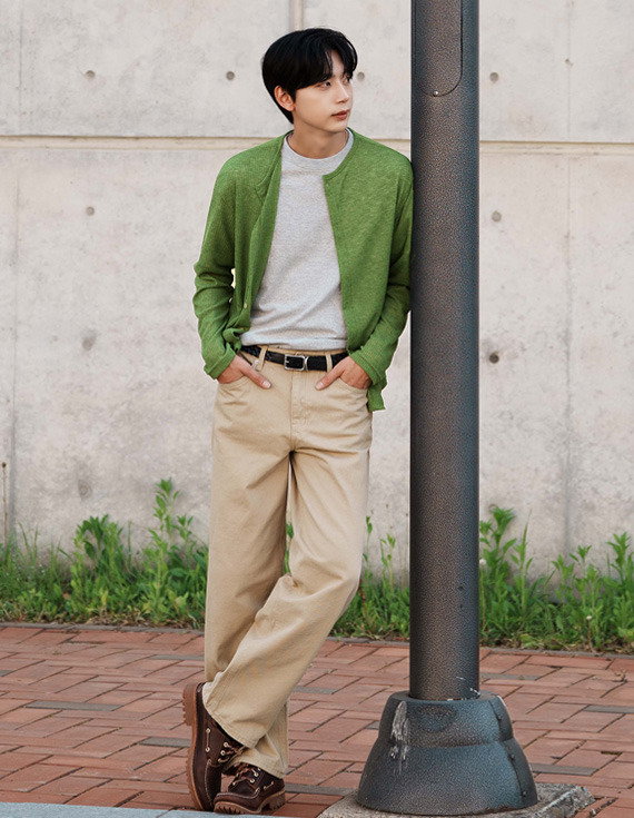 linen ribbed round neck カーディガン 31236